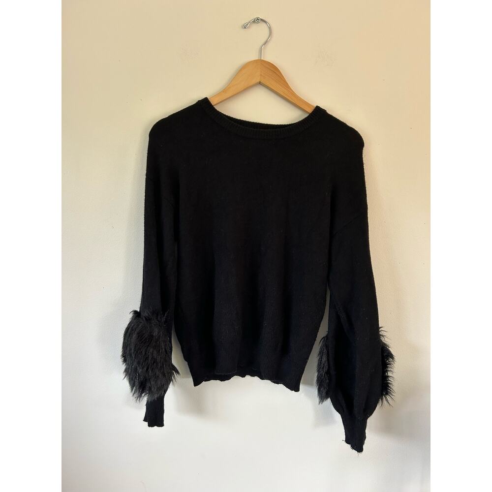 For the Republic womens knit sweater black size S faux fur on sleeves